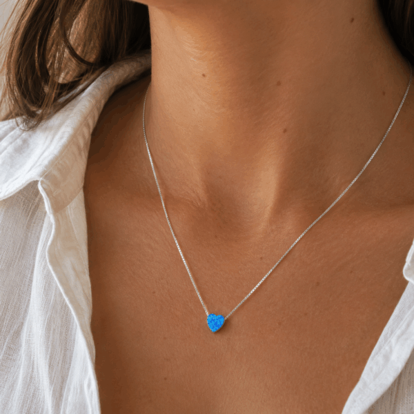 1mm Chain Blue Opal Heart Necklace