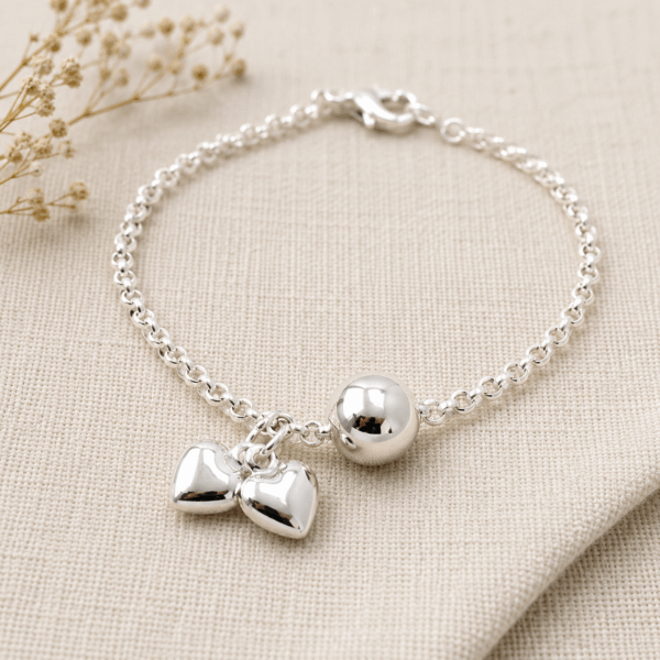 2.5mm Rolo Chain with Ball Bead and Double Heart Charm Bracelet