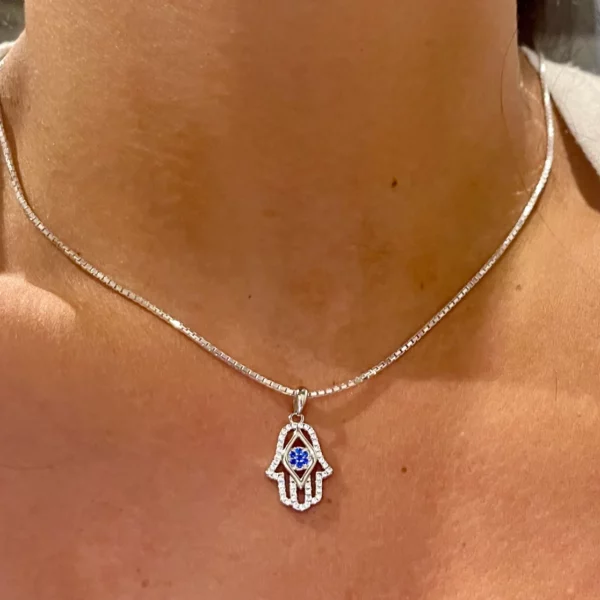 Silver Hamsa Charm Necklace with Opal
